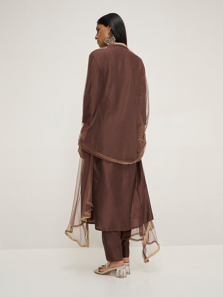 Vark Brown Embroidered A-Line Kurta, Pants and Dupatta