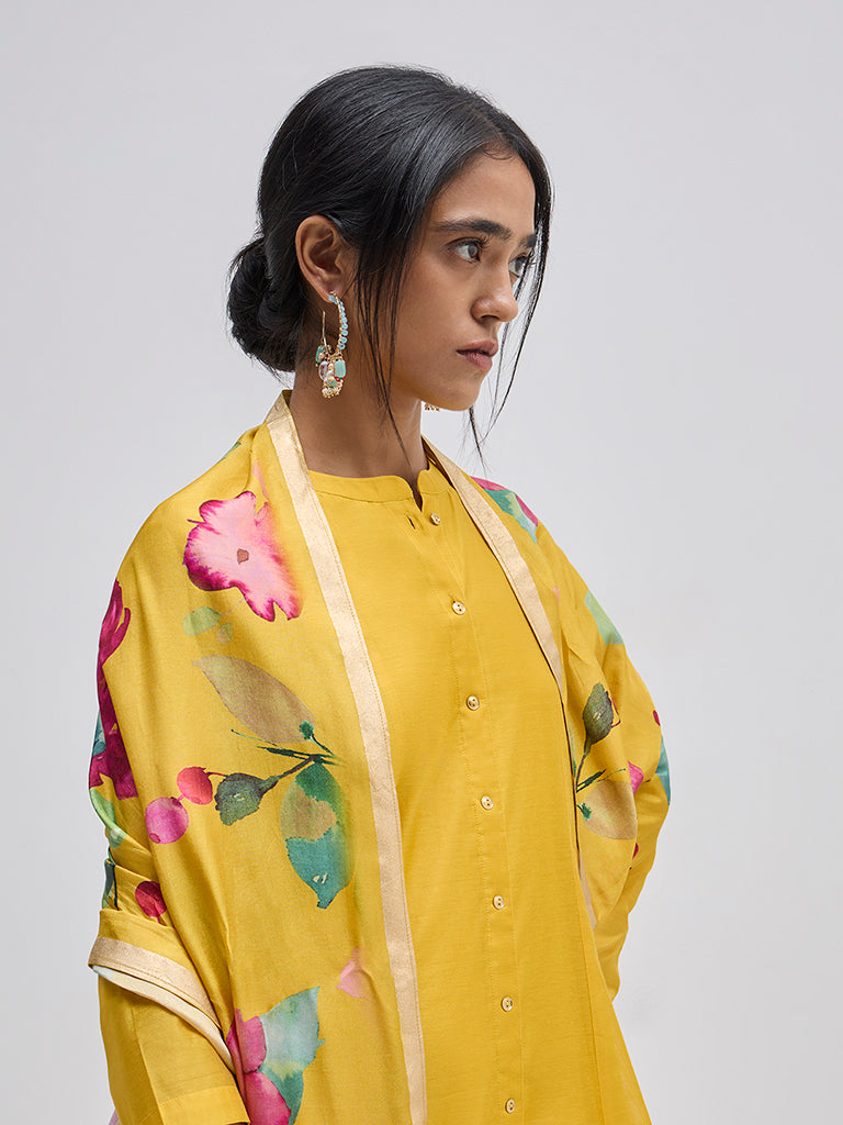 Vark Yellow Solid A-Line Kurta, Pants and Dupatta Set