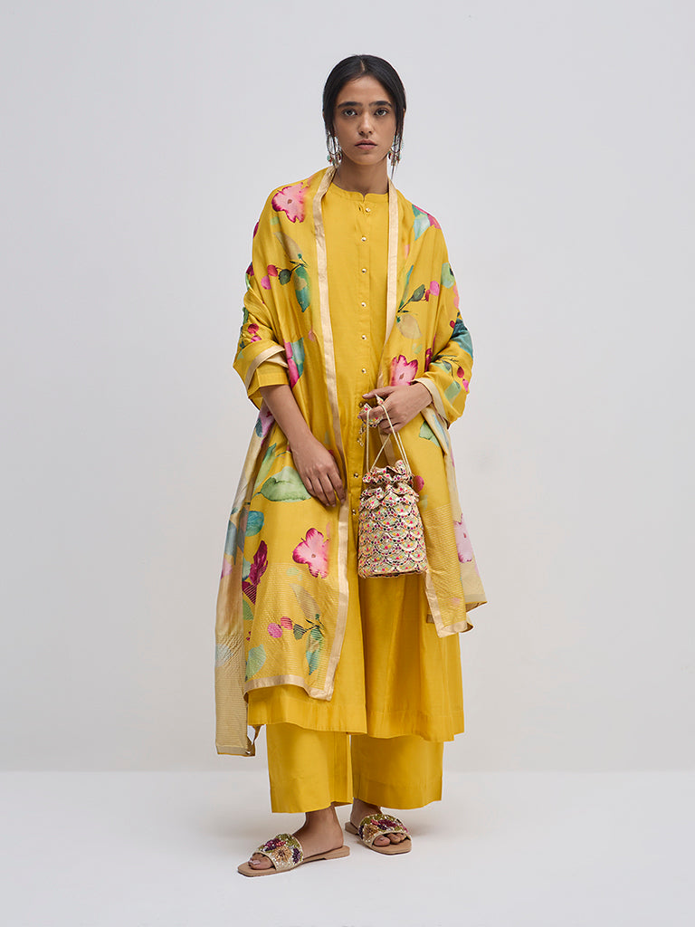 Vark Yellow Solid A-Line Kurta, Pants and Dupatta Set