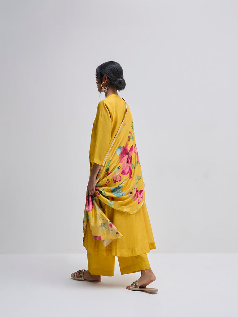 Vark Yellow Solid A-Line Kurta, Pants and Dupatta Set