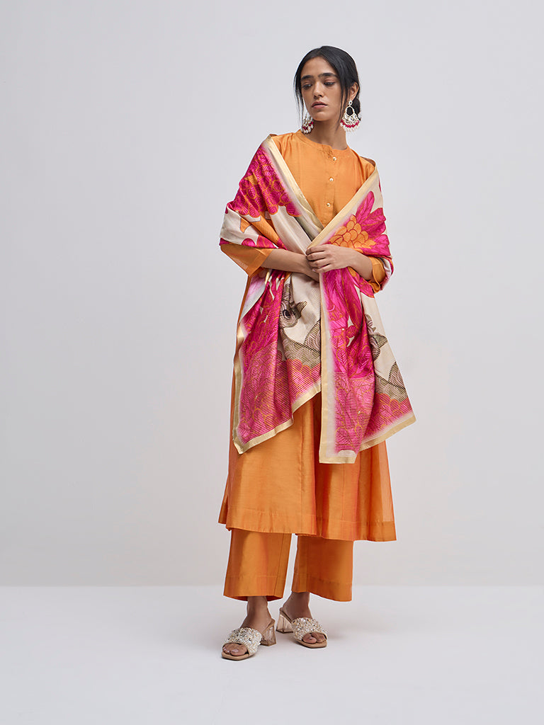 Vark Orange Solid A-Line Kurta, Pants and Dupatta Set