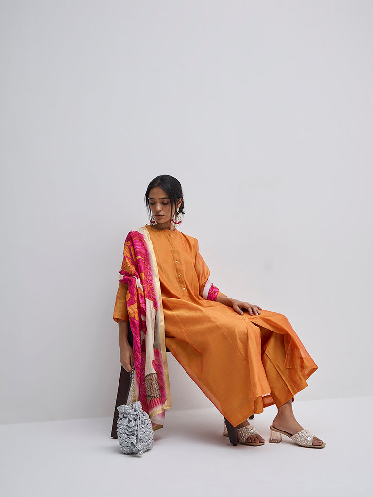 Vark Orange Solid A-Line Kurta, Pants and Dupatta Set