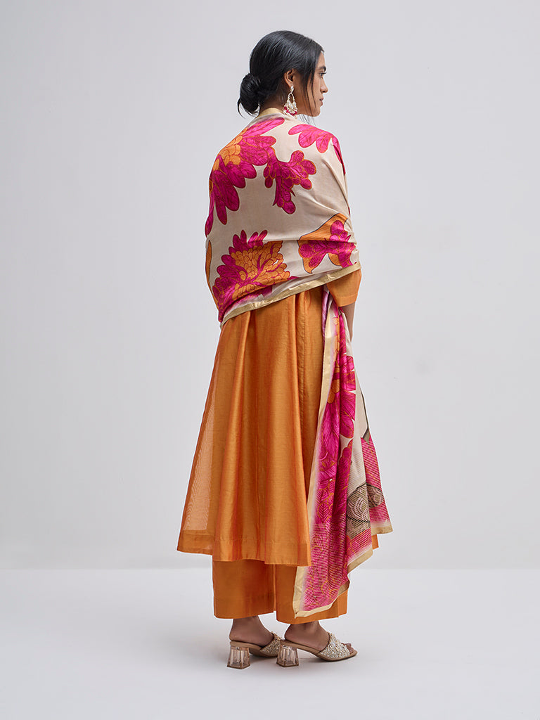 Vark Orange Solid A-Line Kurta, Pants and Dupatta Set