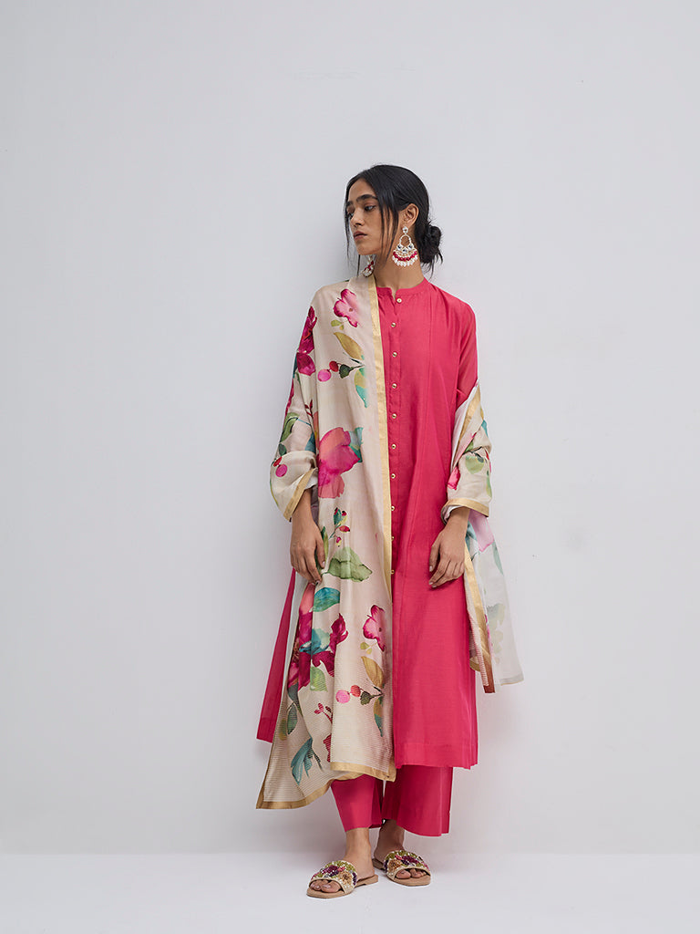 Vark Pink Solid A-Line Kurta, Pants and Dupatta Set