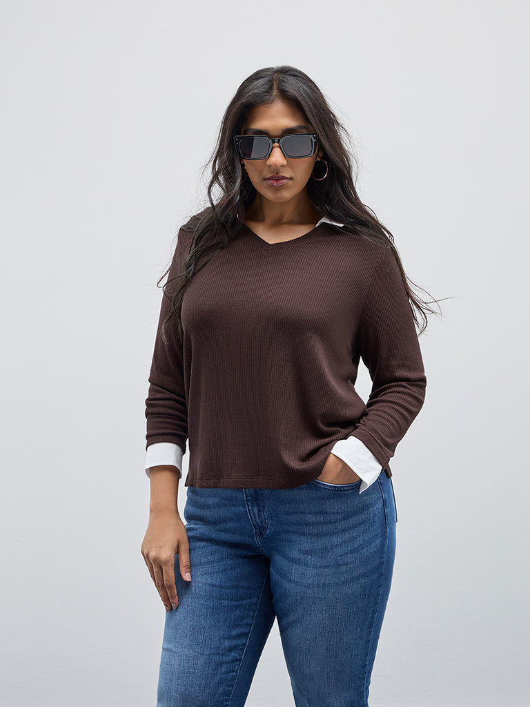 Gia Brown Ribbed Textured Collared T-Shirt