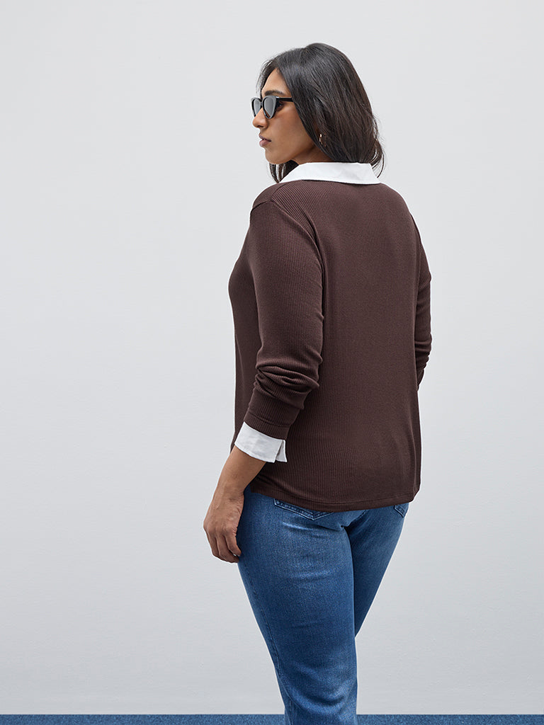 Gia Brown Ribbed Textured Collared T-Shirt