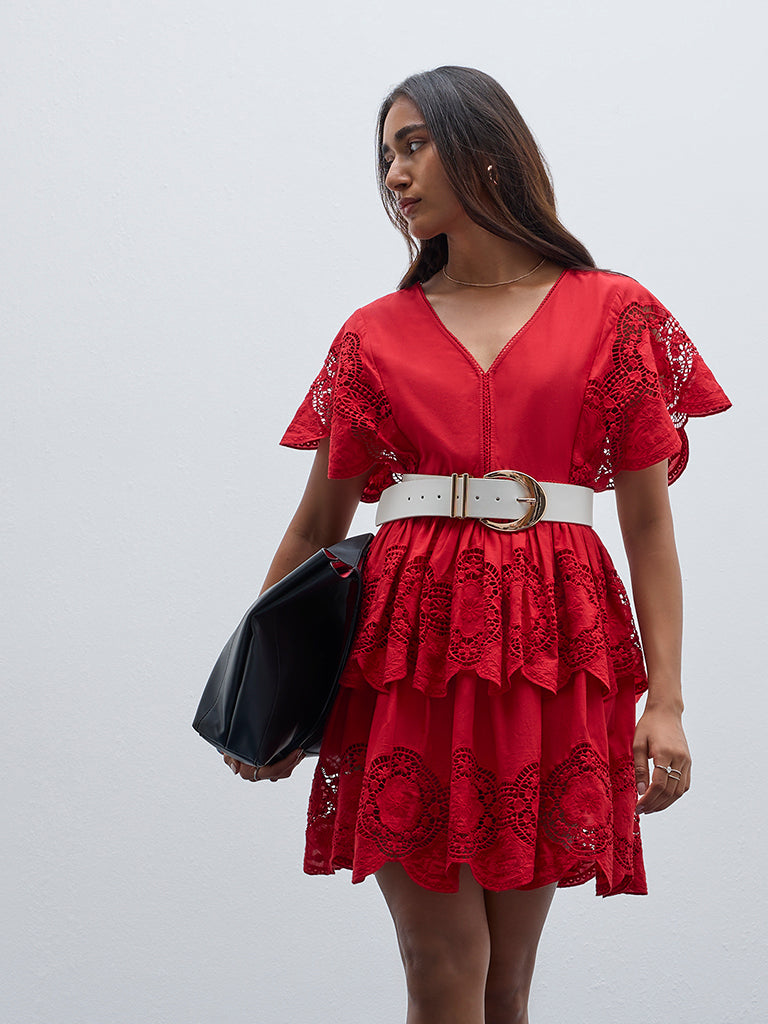 LOV Red Floral Cut-Out Tiered Cotton Dress