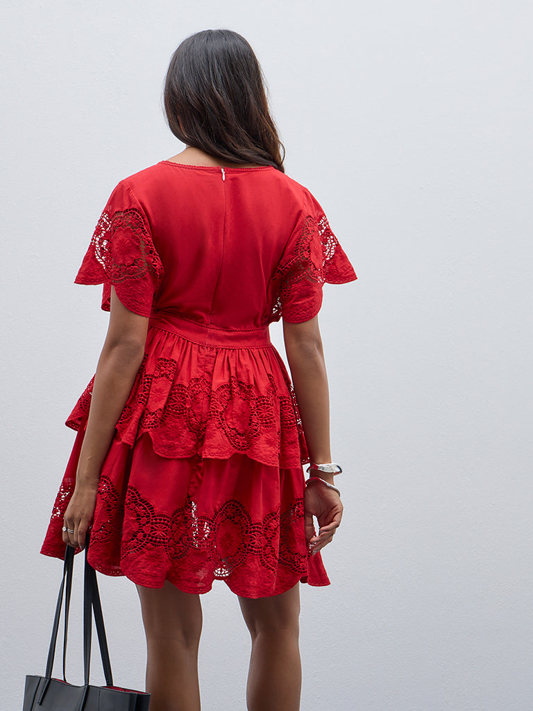 LOV Red Floral Cut-Out Tiered Cotton Dress