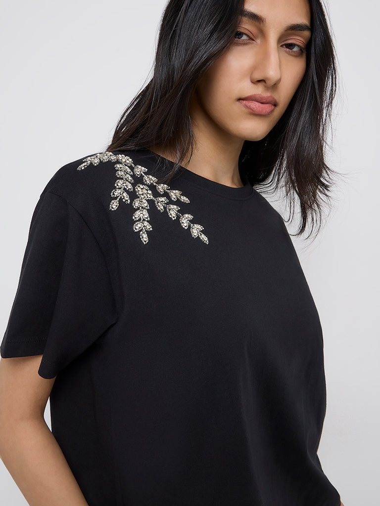 LOV Black Diamante Embellished Cotton T-Shirt