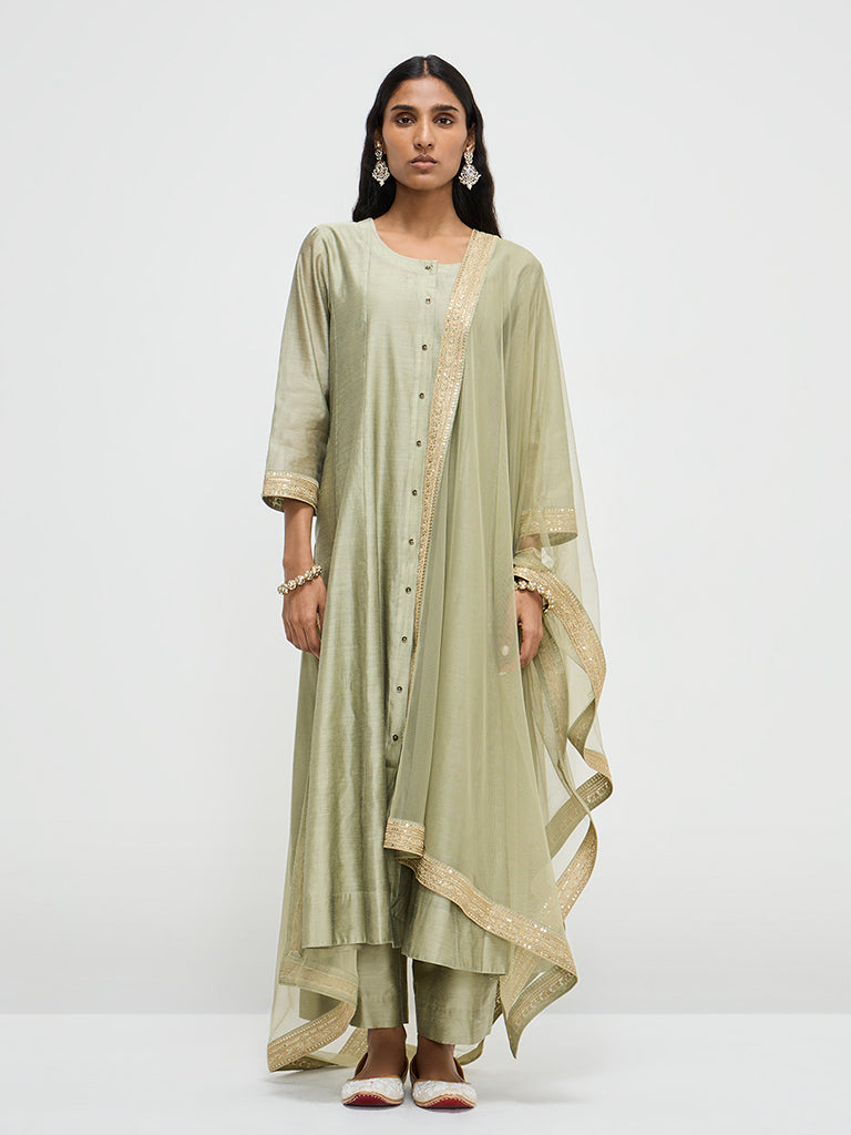 Vark Light Green Kurta, Inner, Palazzos and Dupatta Set