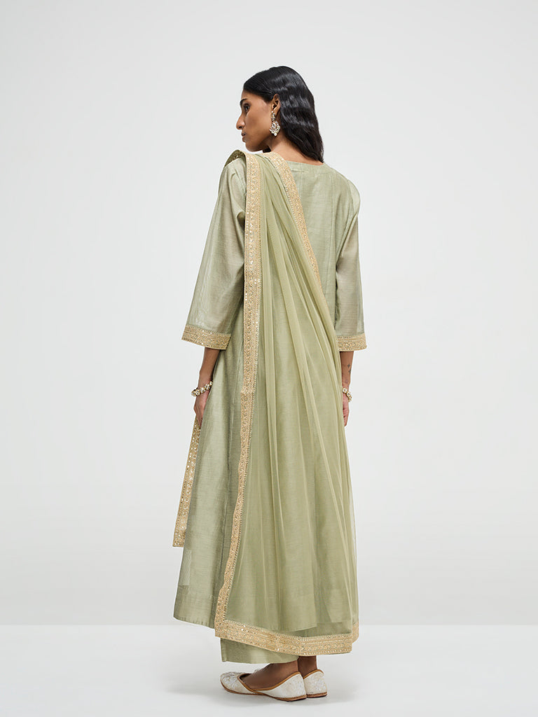 Vark Light Green Kurta, Inner, Palazzos and Dupatta Set