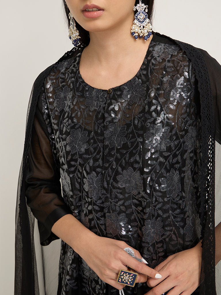 Vark Black Floral A-Line Kurta, Inner, Pants and Dupatta