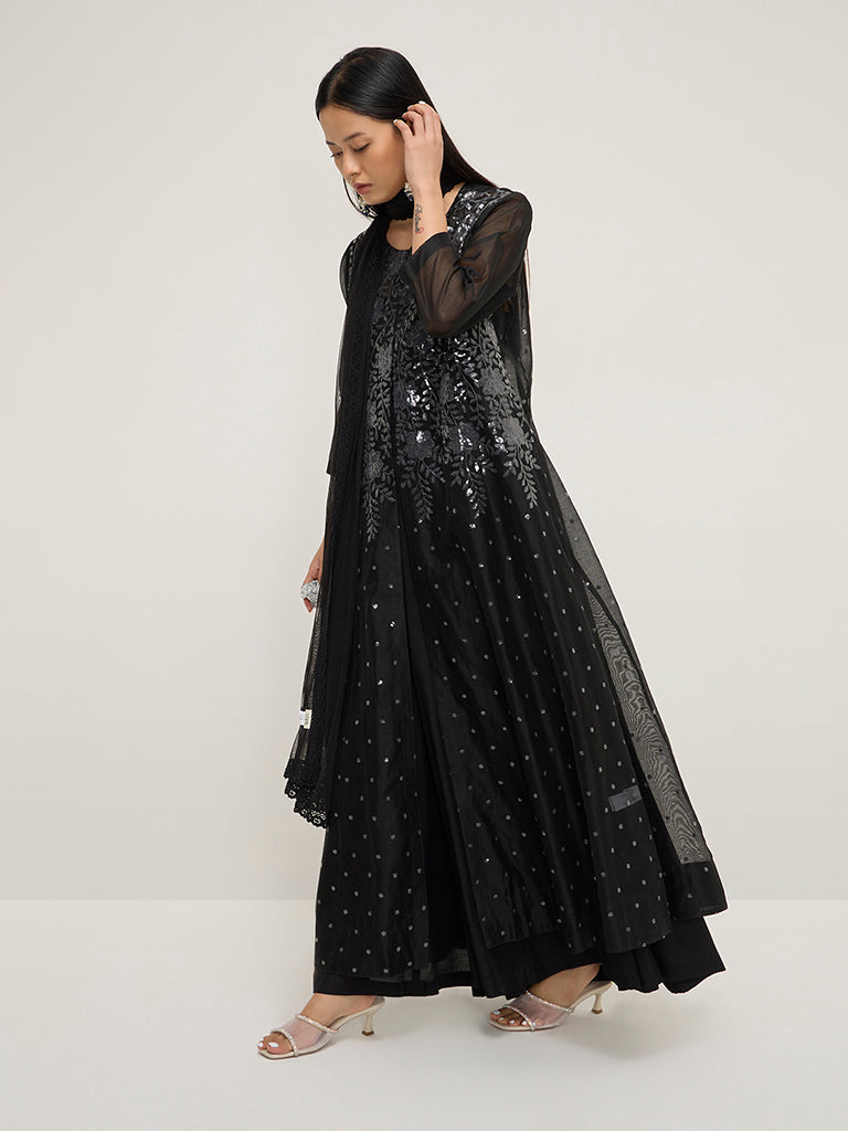 Vark Black Floral A-Line Kurta, Inner, Pants and Dupatta