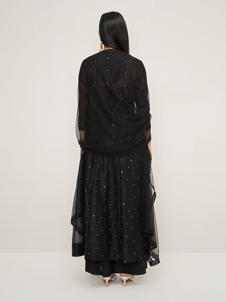 Vark Black Floral Cotton-Blend A-Line Kurta, Inner, Pants and Dupatta