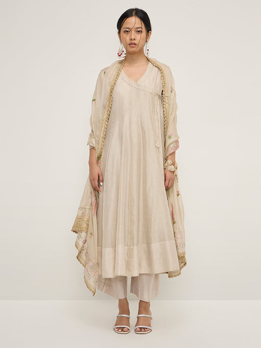 Vark Beige Cotton-Blend Angrakha Kurta, Inner, Palazzos and Dupatta Set