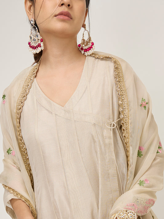 Vark Beige Cotton-Blend Angrakha Kurta, Inner, Palazzos and Dupatta Set