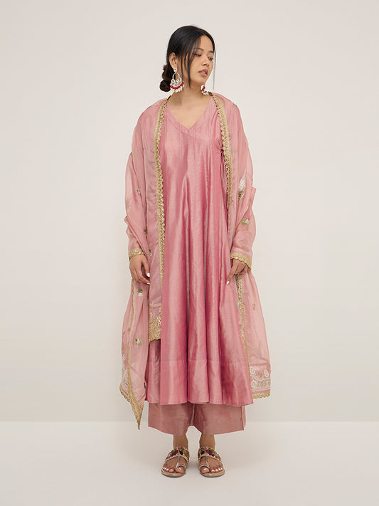 Vark Pink Angrakha Cotton-Blend Kurta, Inner, Palazzos and Dupatta Set