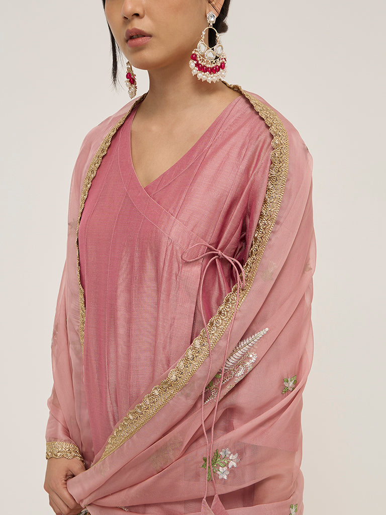 Vark Pink Angrakha Cotton-Blend Kurta, Inner, Palazzos and Dupatta Set