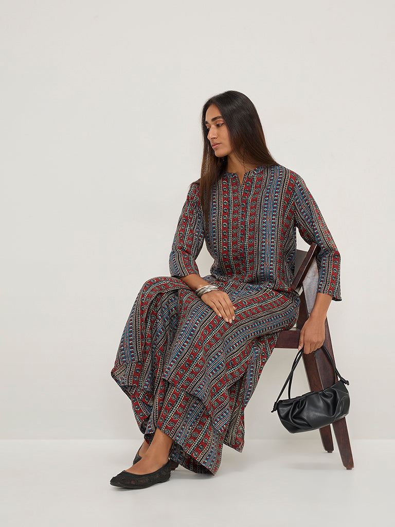 Utsa Red Striped A-Line Kurta