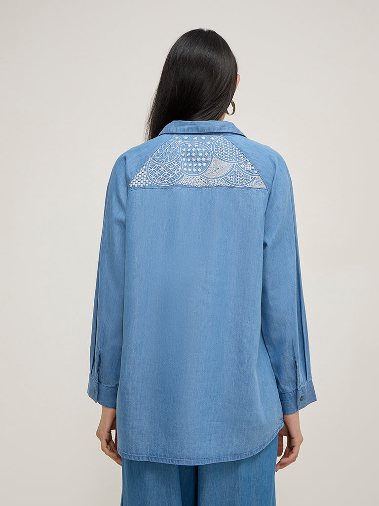 Utsa Blue Floral Embroidered Denim Tunic