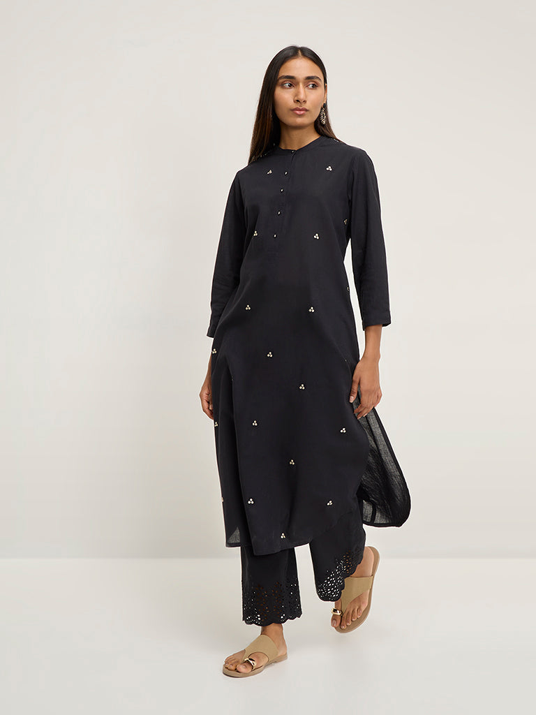 Utsa Black Embroidered A-Line Cotton Kurta