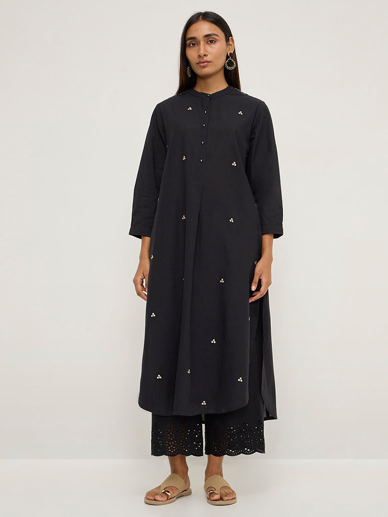 Utsa Black Embroidered A-Line Cotton Kurta