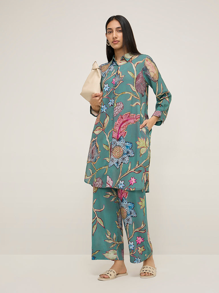 Utsa Teal Botanical Printed A-Line Kurta