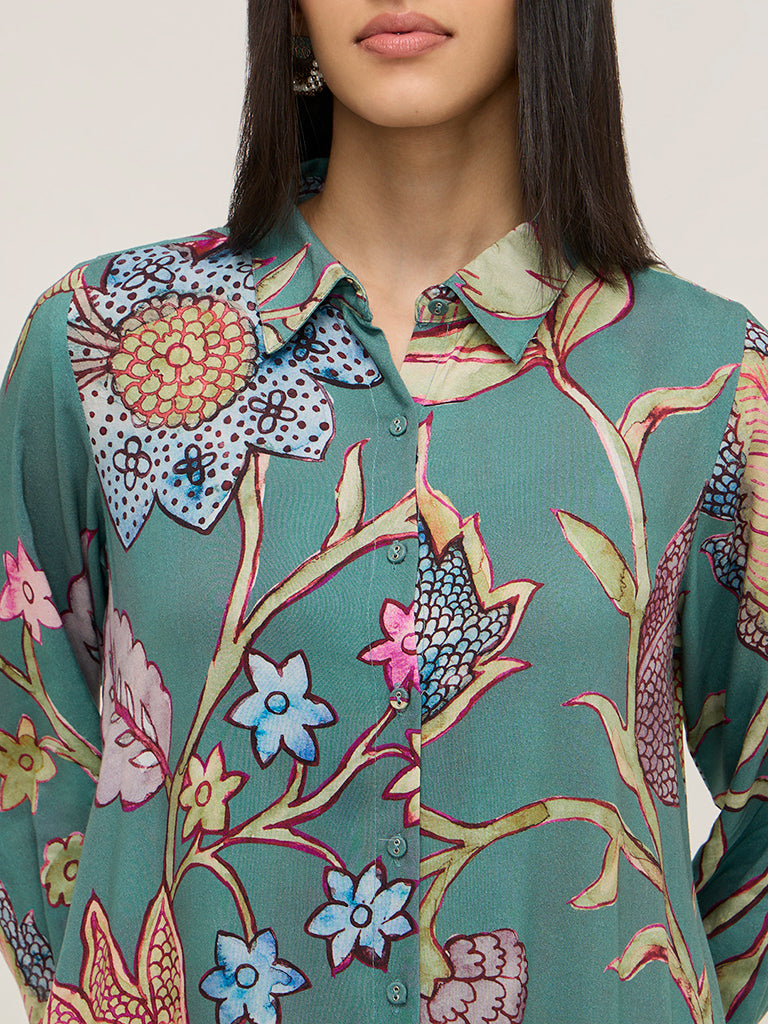 Utsa Teal Botanical Printed A-Line Kurta