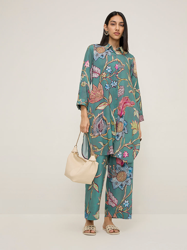 Utsa Teal Botanical Printed A-Line Kurta