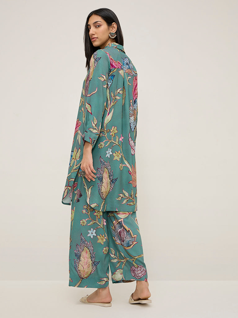 Utsa Teal Botanical Printed A-Line Kurta