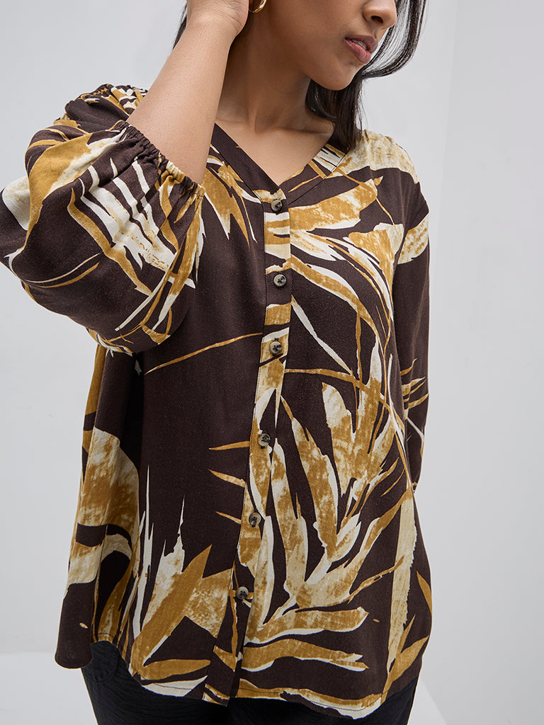 Gia Dark Brown Botanical Printed Blouse