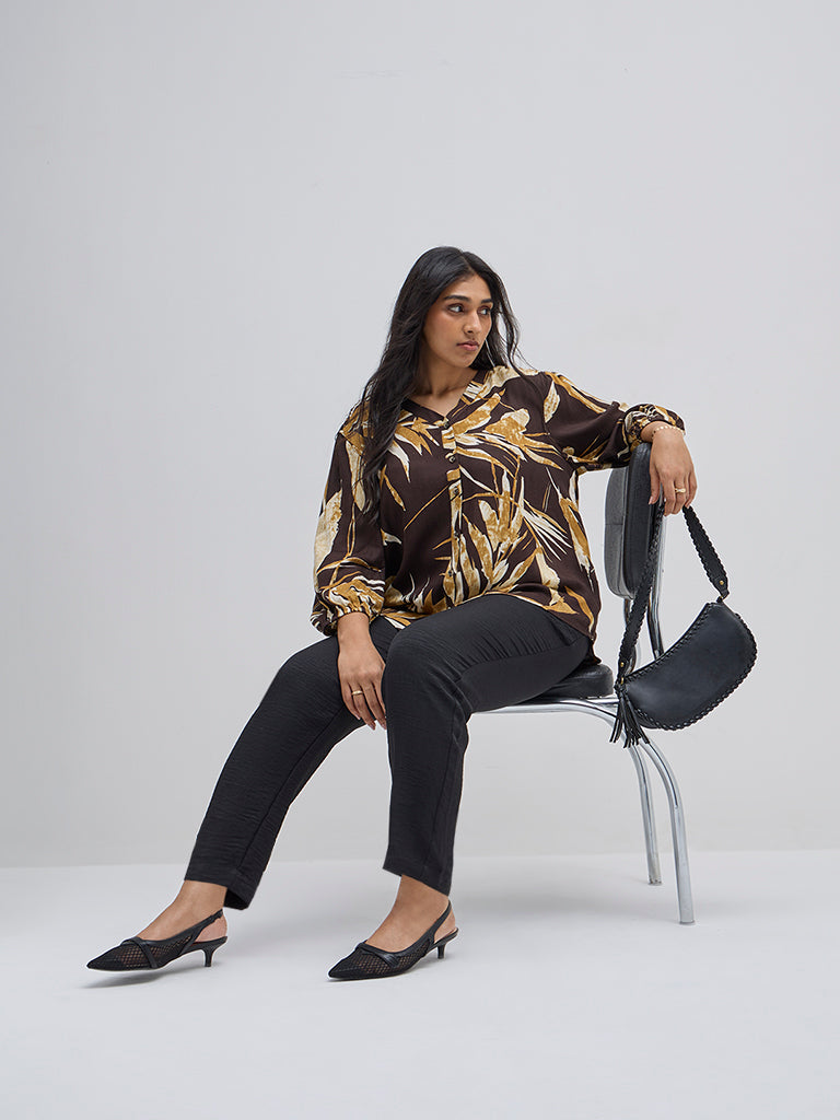 Gia Dark Brown Botanical Printed Blouse