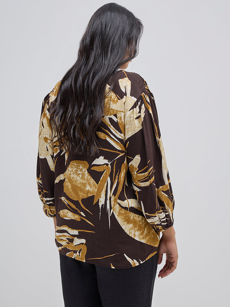 Gia Dark Brown Botanical Printed Blouse