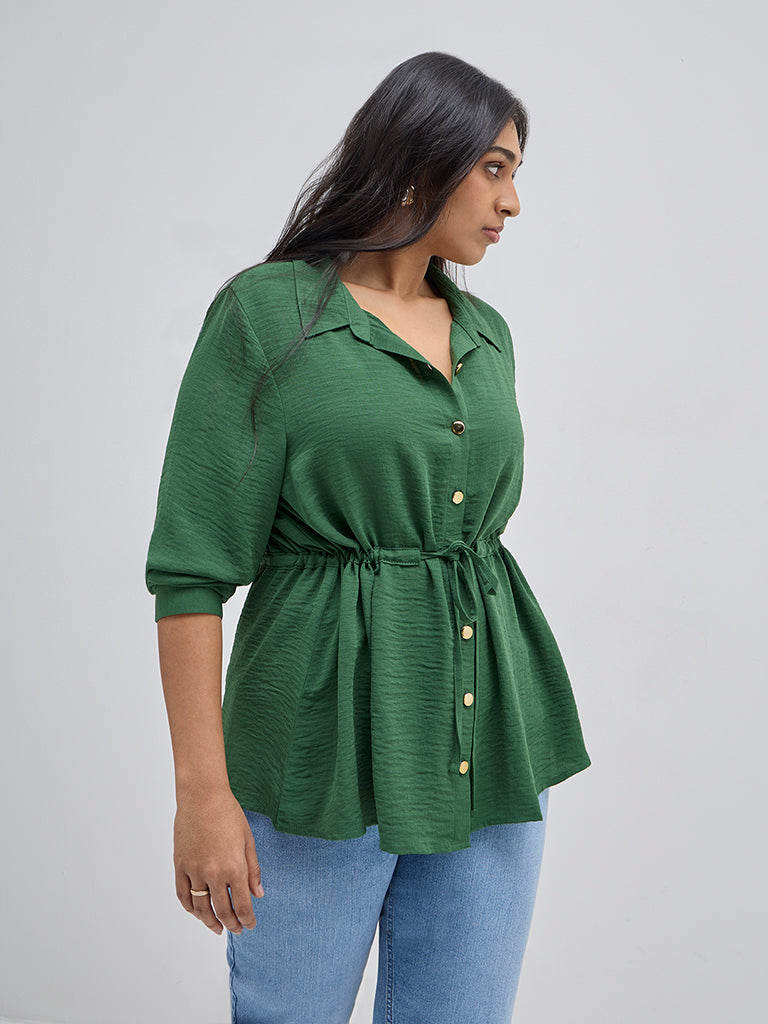 Gia Green Crinkle-Textured Peplum Top