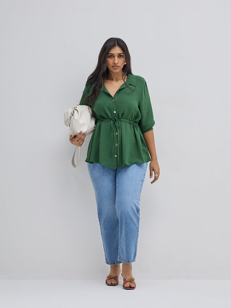 Gia Green Crinkle-Textured Peplum Top