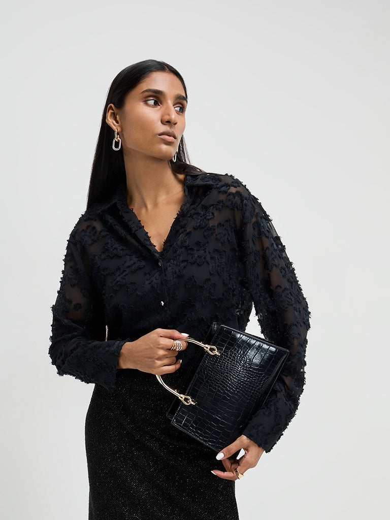 Wardrobe Black Floral Applique-Detailed Shirt with Camisole