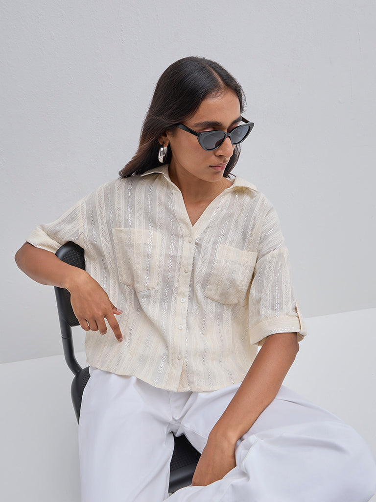 LOV Light Beige Self Cotton Shirt