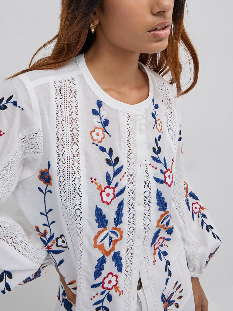 LOV White Floral Embroidered Cotton Blouse