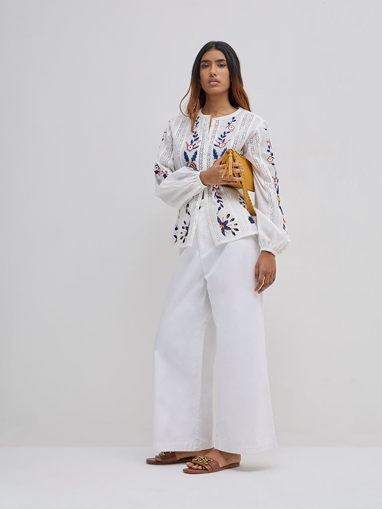 LOV White Floral Embroidered Cotton Blouse