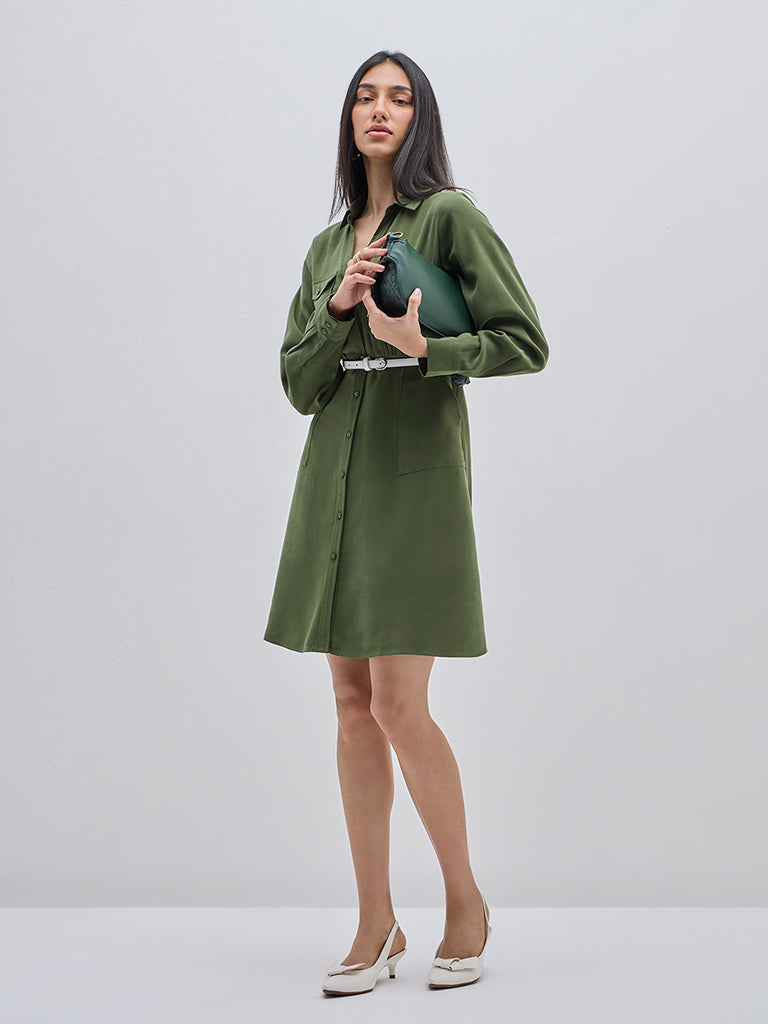 LOV Olive Fit-and-Flare Shirt Dress