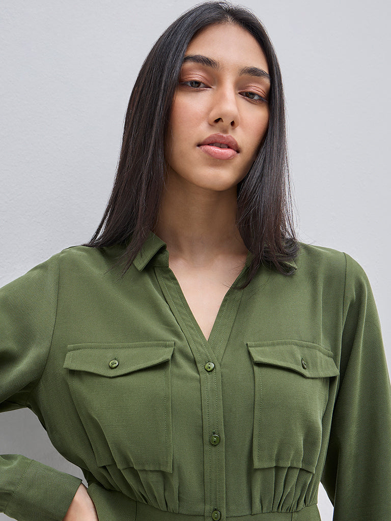 LOV Olive Fit-and-Flare Shirt Dress