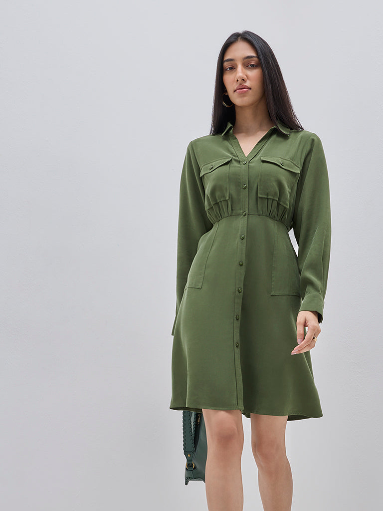 LOV Olive Fit-and-Flare Shirt Dress