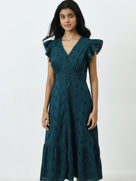 LOV Dark Teal Schiffli Cotton A-Line Dress