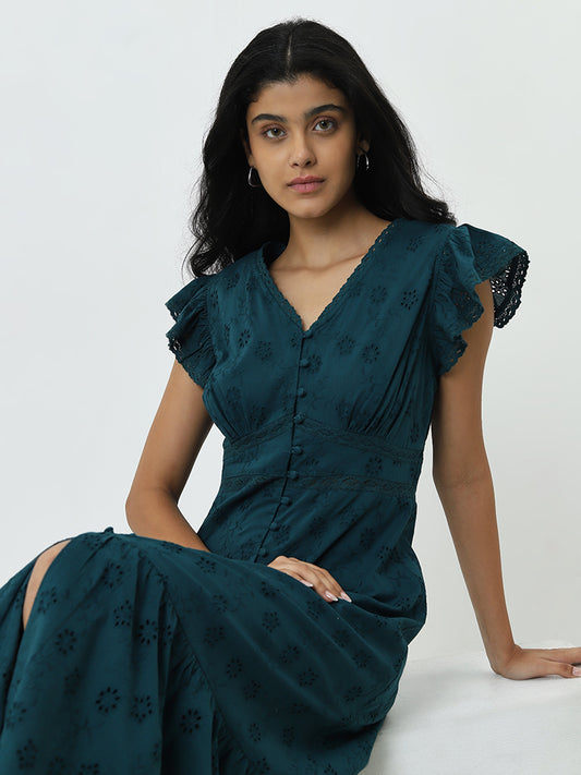 LOV Dark Teal Schiffli Cotton A-Line Dress