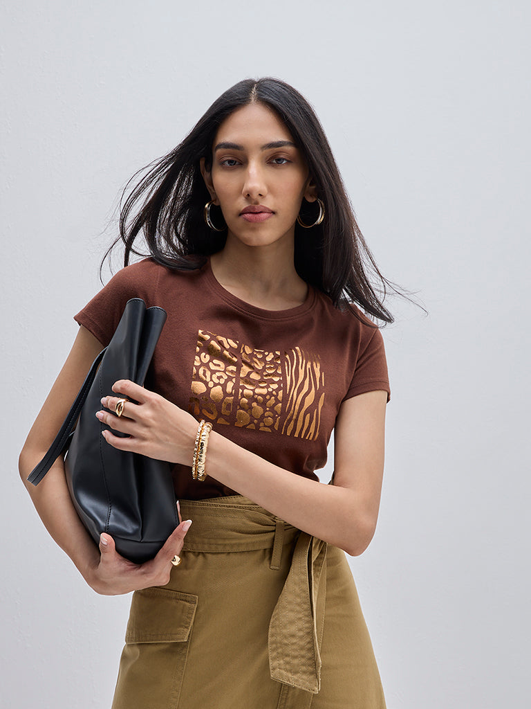 LOV Brown Abstract Printed Cotton T-Shirt