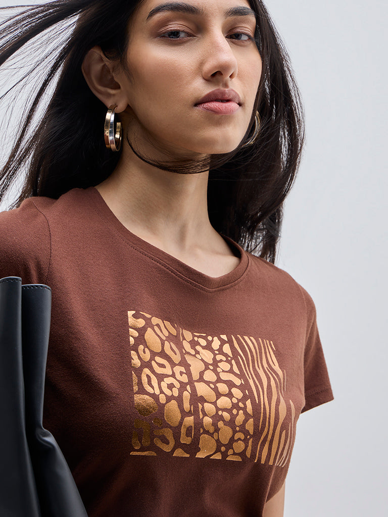 LOV Brown Abstract Printed Cotton T-Shirt