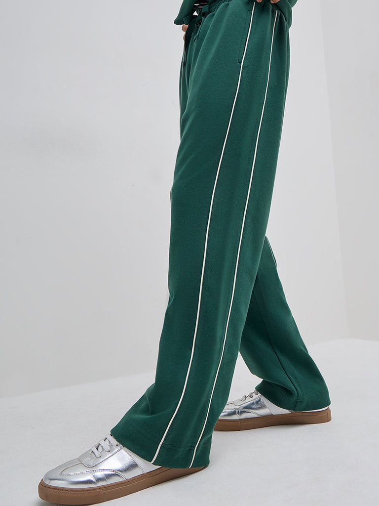 Studiofit Dark Green Relaxed-Fit Mid-Rise Cotton-Blend Track Pants