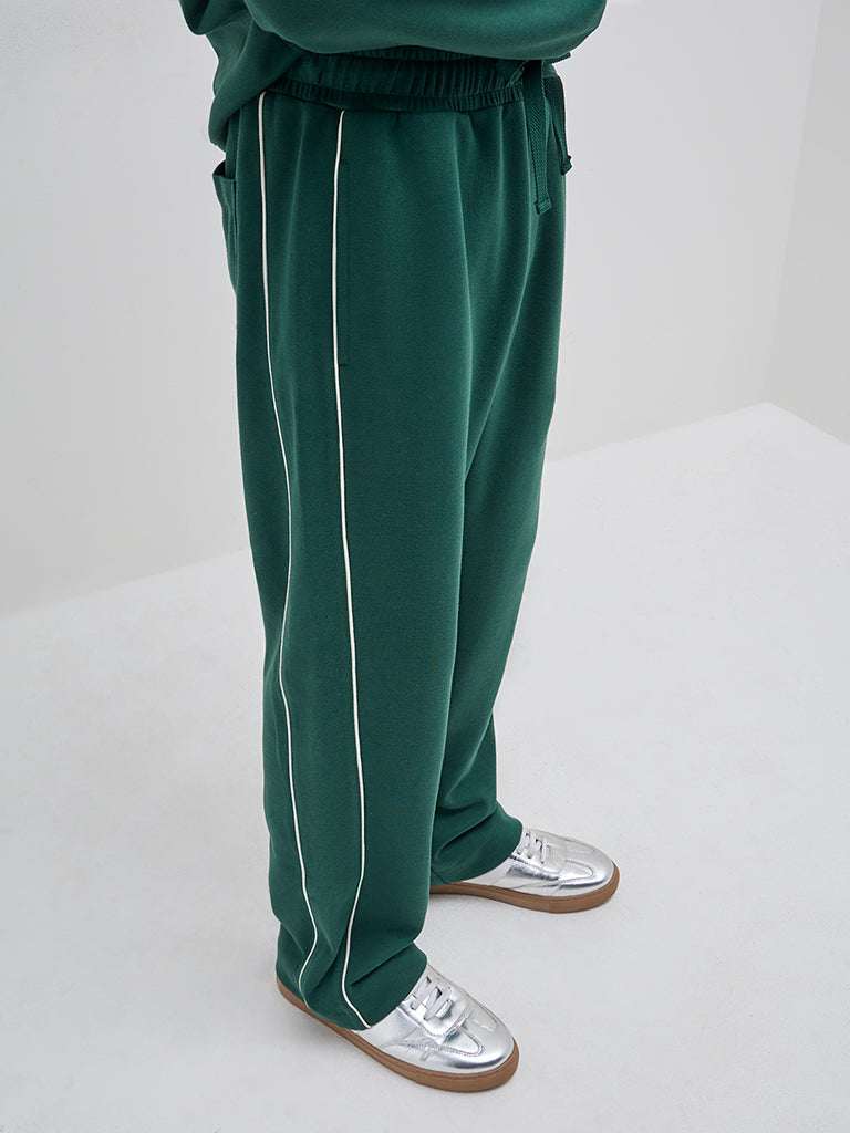 Studiofit Dark Green Relaxed-Fit Mid-Rise Cotton-Blend Track Pants