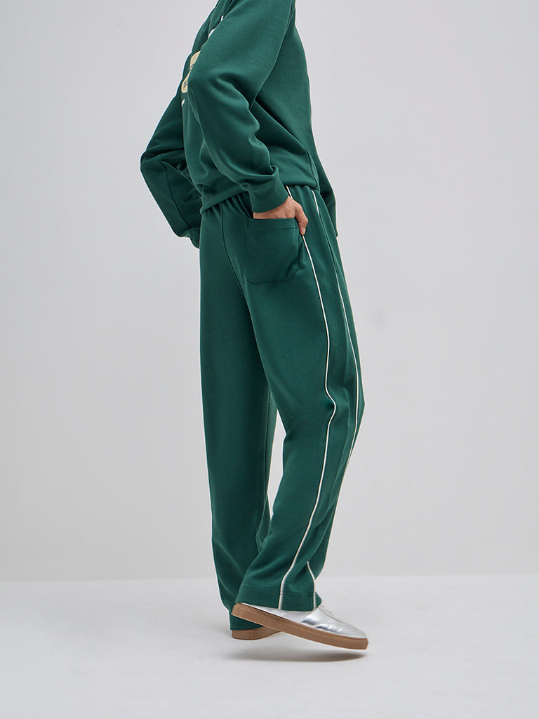 Studiofit Dark Green Relaxed-Fit Mid-Rise Cotton-Blend Track Pants