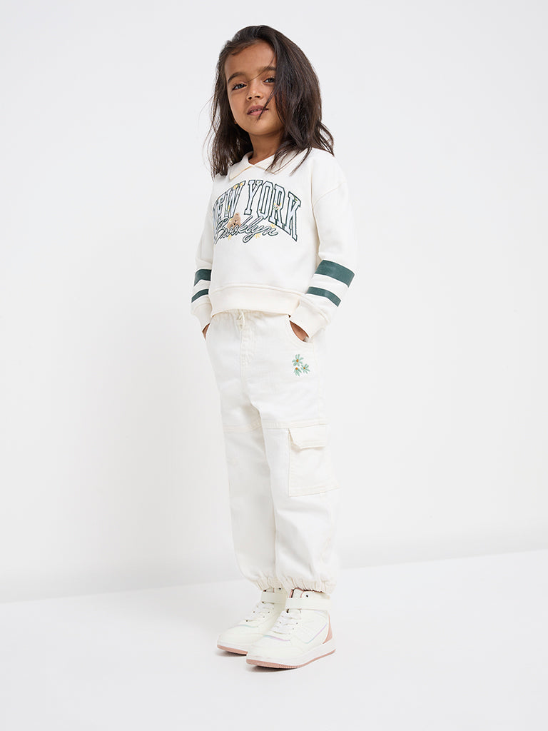 HOP Kids Off-White Text Embroidered Sweatshirt